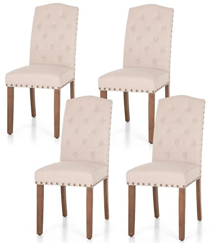 ALPHA HOME Esszimmerstühle 4er Set, Küchenstuhl Polsterstuhl mit hoher Rückenlehne Stühle mit Massivholzbeinen, gepolsterte Sitzfläche aus Leinen, Beige