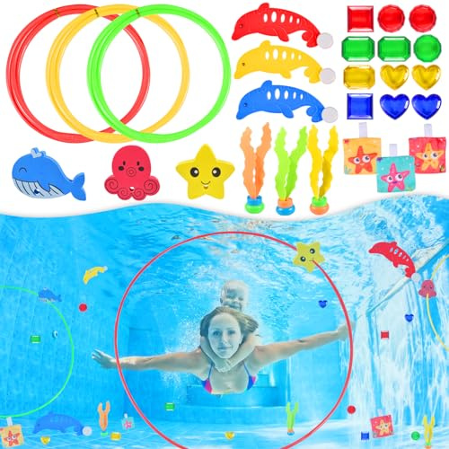 Juguetes de Bucear, 27 Piezas Juguetes de Natación para Niños, Juguetes para Piscina Natación, Anillos de Buceo para Piscina para Anillos de Buceo, Gema Sumergible, Algas, Boyas