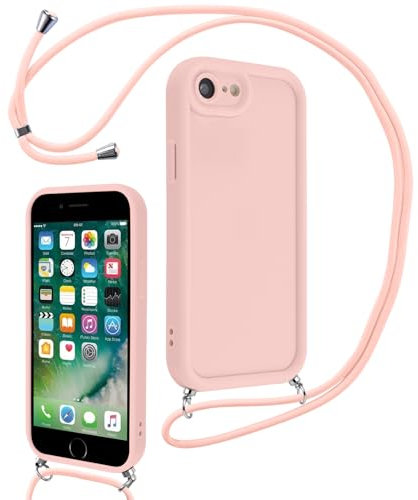 Coalbooliy Coque pour iPhone 7/8/iPhone SE 2022/SE 2020 4,7 avec Cordon de Collier Réglable, Etui Protection de la Caméra Silicone Souple TPU Antichoc Housse avec Corde Cover pour iPhone 8, Rose