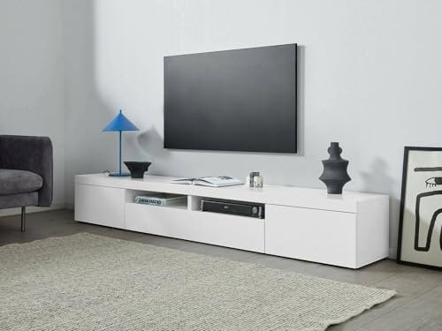 Dmora - Meuble TV Ulisse, Buffet Bas de Salon avec 3 Portes, Base Meuble TV, 240x40h35 cm, Blanc Brillant
