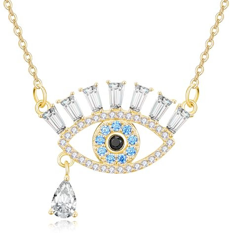 KINGWHYTE Evil Eye Necklace 925 Sterling Silver Turkish Evil Eye Pendant For Women Gold Rhinestone Teardrop CZ Necklace Protection Amulet Luck Jewelry