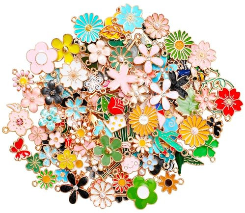 AUGSUN 120Pcs Breloques Creation Bijoux, Charms pour Bracelet Collier Thème des Fleurs pour DIY Collier Bracelet Boucles d'Oreilles