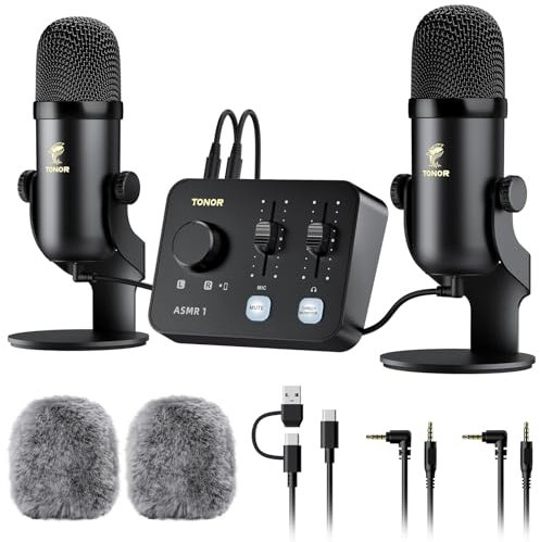 TONOR Podcast Mikrofon Set mit Audio Interface, ASMR Mikrofon, 2 Kondensatormikrofone, Audio Mixer, Lautstärkeregler, 3D Stereoklang, mit Fell-Windschutz, USB Microphone für PC/Handy, Schwarz
