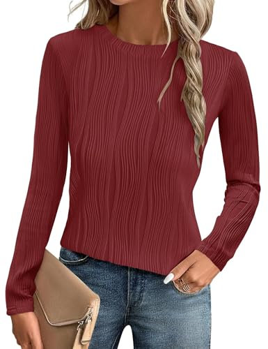 Gemulate Long Sleeve t Shirts Casual Knit tee Shirts Crewneck Fitted Blouses Women Apparel Trendy Womens Clothes Fall Wedding Guest Dresses Wine S