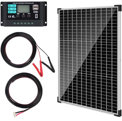 【50W Panneau Solaire 12V Kit】DERUXI 50W 12V Monocristallin Panneau Solaire Set, 50W Panneau Solaire Régulateur de Charge 10 A, Câble avec Pinces Crocodiles, Batterie Câble, pour Véhicules/Toits/Bateau