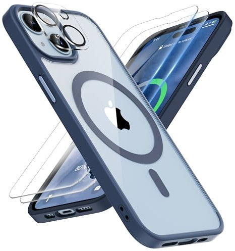 ORETECH Magnetic Case for iPhone 15 Case with 2 HD Screen Protector 1 Camera Protector, Fit for Mag Safe, Anti Yellowing Military Grade Shockproof Ultra Slim Phone Case Cover - Navy Blue