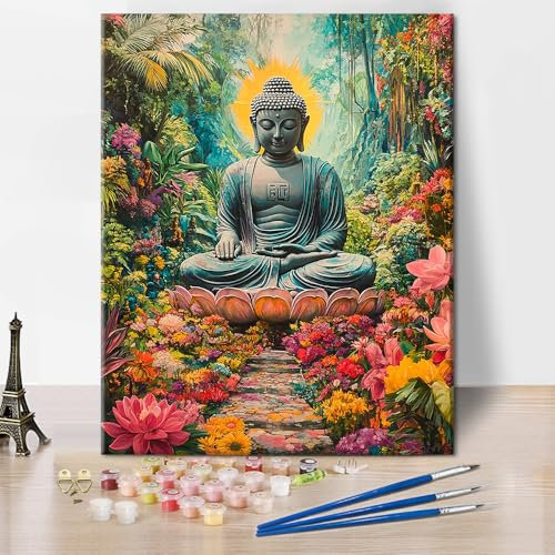 TISHIRON Malen nach Zahlen Kit für Erwachsene Buddha Gemälde Erwachsene Malen nach Zahlen Kits auf Leinwand Buddha Zwischen Blumen Malen nach Zahlen Kit für Erwachsene Vintage Kunsthandwerk