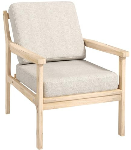 HOMCOM Fauteuil Design Minimaliste Structure Bois, 2 Coussins Amovibles recouvert de Tissu Effet Lin, accoudoirs, Beige