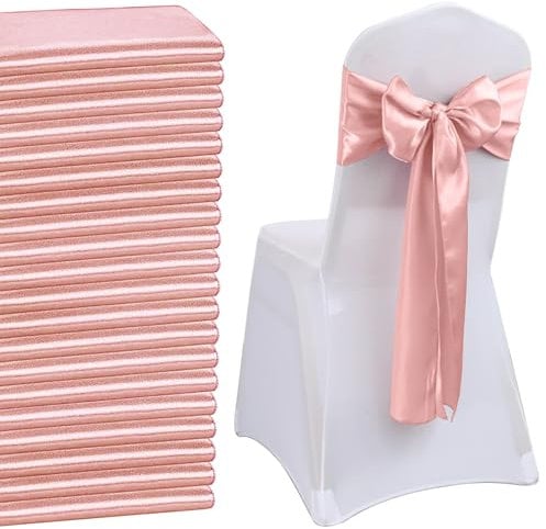 QeeFop Pack of 50 Rose Gold Satin Sashes Wedding Chair Bow, Elastic Chair Sashes for Wedding, Birthday, Banquet, Party, Christmas Decoration (Rose Gold)