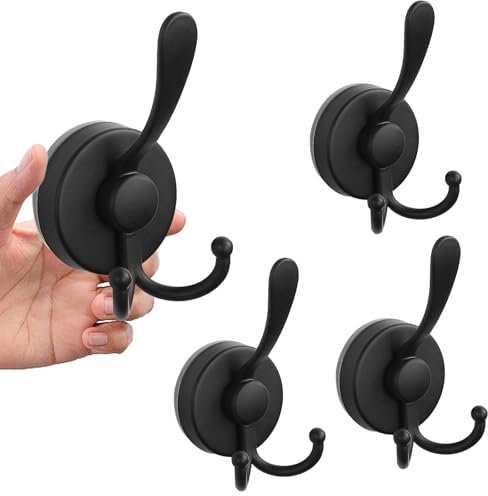 KLYKLL 4 Stk Saugnapfhaken Saugnapfhalter Edelstahl Saugnapf Haken Ohne Bohren 3-Haken Design Vakuum Bademantelhaken Mattschwarz Wandhaken Handtuchhaken für Badezimmer Küche Glatte Fenster Wand Glas