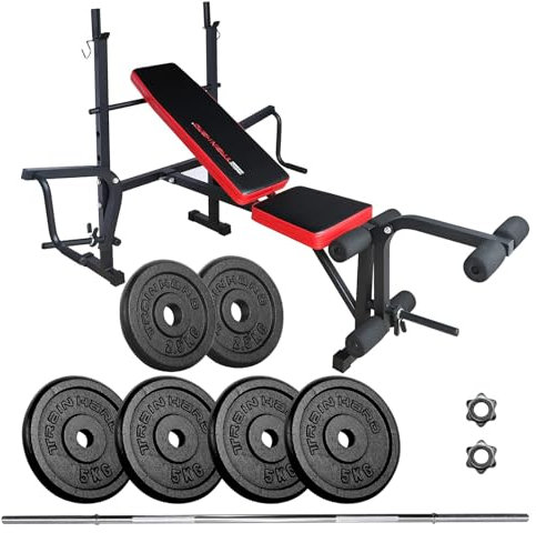 Train Hard® klappbare Hantelbank mit Gusseisen Gewichten,mit Butterfly und Beincurler,Inkl. 34/48/60kg Hanteln Set (B:mit 34 kg Langhantel)