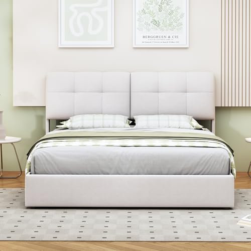 BLSYHDH Bett mit Bettkasten, 140 x 200 cm, mit LED, gepolstert, hydraulisch, mit Bettkasten, Doppelbett, mit Stauraum mit Kopfteil und Lattenrost (Offwhite + Flanell, 140 x 200 cm)