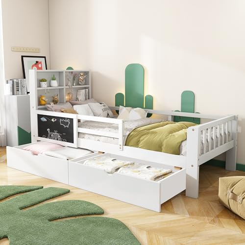 Lubvtti Cama Infantil 90 x 200 cm con cajones y Mesa de Dibujo,Cama Montessori para niños,Cama Individual,Estructura Cama para niños 90 x 200 cm con Base de láminas,Blanco