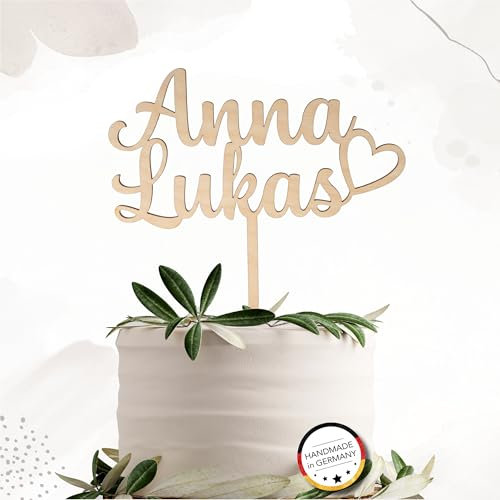 Personalisierter Tortentoppper aus Holz, Hochzeitstorte Dekoration mit Herz, Namen Cake Topper, Rustikaler Stil
