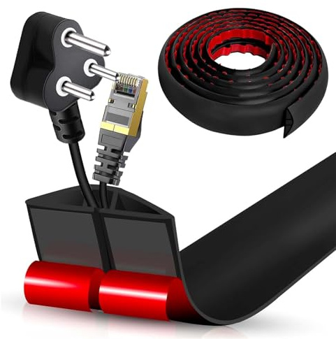 Flacher Kabelkanal Boden Selbstklebend | Flexible Kabelabdeckung für Deckenlampe & Boden | PVC Kabelschacht | Kabelmanagement in Büro & Wohnung (Schwarz, 5cm x 1m)