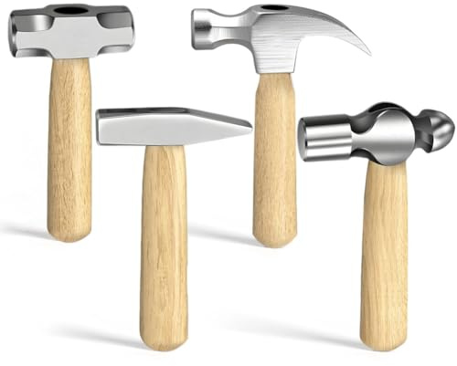Feriany Lot de 4 petits marteaux, tête en acier forgé et , manche en bois court, marteau arrache-clou de 10 oz, marteau à panne ronde de 11 oz