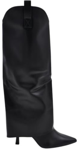 Stivali Donna al Ginocchio Shark a Punta in Pelle Nero con Risvolto Scollo a V Tacco a Spillo 10 Zip Interna Nascosta (38 EU)
