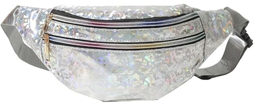 MUNSKT Glänzende Hüfttasche mit verstellbarem Gurt, 3 Fächer, glatter Reißverschluss, wasserdichte Bauchtasche, heller Laserblitz für Party, Karneval, Sommer, silber, 30 x 7 x 14 cm