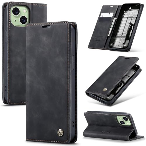 Azororo Coque pour iPhone 15 5G Premium Housse Cuir Protection Pochette Rabat Portefeuille Flip Case Porte Magnétique Coque Étui pour iPhone 15, Noir