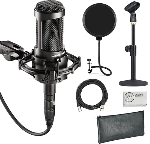 Audio-Technica AT2035 Cardioid Condenser Microphone for Content Creators, Streamers, Podcasters and Musicians Bundled with XLR Cable + Pop Filter + Desktop Mic Stand (4 Items)