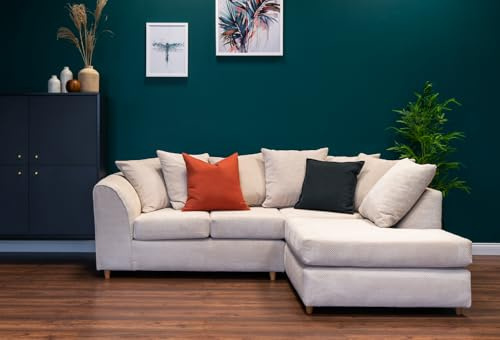 Abakus Direct | Jumbo Grid Corner Sofa – Modern Corner Sofa with Grid‑Textured Fabric, Angular Arms and Scatter Cushions – Available in Grey, Beige or Green (Beige, Right Hand Facing)