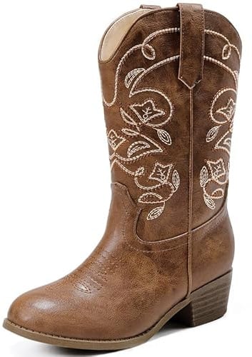LAURMOSA Girls Cowboy Boots Embroidered Mid Calf Zipper Pointed Toe Cowgirl Boots for Little Big Kids Party Country Horse Riding