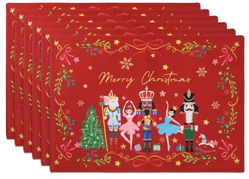 Arquiel Weihnachten Platzset 6er Set, Tischsets Rot Nussknacker Weihnachtsbaum Urlaub Doppelschicht Stoff Dicker Abwischbar Hitzebeständige Placemats für Esstisch Weihnachtsdekoration (33 * 48cm)