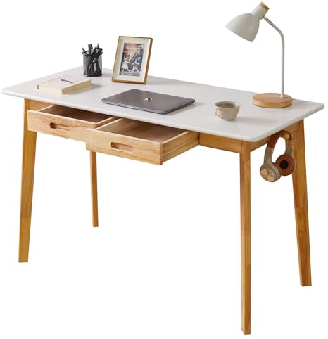 Aibiju Computer Desk with 2 Drawers, 47 Solid Wood Home Office Writing Desk, Compact Simple Tables with Hook for PC, Laptop, Students, Study, Makeup, Bedroom White + Natural Wood Legs YD-WD03WN