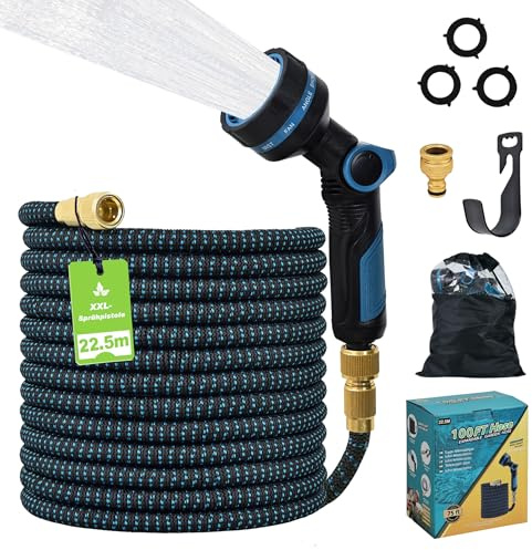 FLOWCASA Gartenschlauch Set 22,5 m, Flexibel x3, mit 10-Funktions-Brause | Von 7,5 auf 22,5 m ausziehbar; TPE 2500D, 24-cm-Brause mit 10 Modi, Metalladapter 1/2 und 3/4 für Garten, Balkon und Auto.