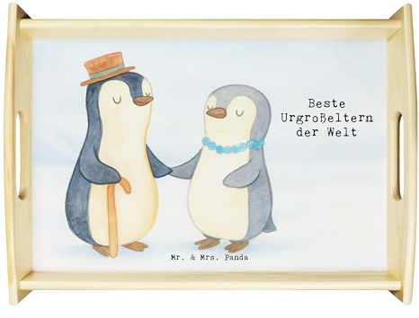Mr. & Mrs. Panda Tablett Pinguin Beste Urgroßeltern der Welt Design - Geschenk, Bester, Servier, Oma, Geburtstag, sofatablett, Geschenkidee, Mitbringsel, Serviertablett, Großeltern, Holztablett, Holz