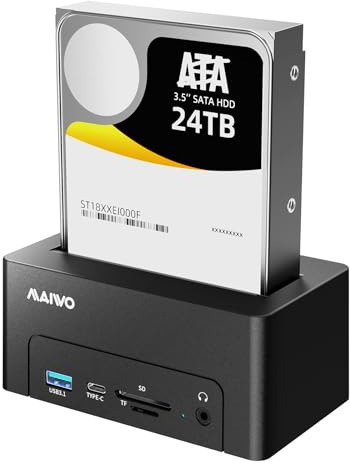 MAIWO Estación de acoplamiento para disco duro SATA HDD SSD de 2.5 3.5 pulgadas, USB 3.0/eSATA de 5 Gbps de velocidad con UASP, capacidad de 24 TB, lector de disco duro externo