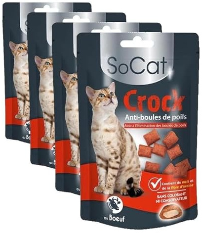 RIGA - SoCat Crock Anti-Boules De Poils - Friandises pour Chat - Biscuit Croquant Au Coeur Crémeux De Boeuf - Riche en Vitamines - sans Colorant Ni Conservateur - Récompense Idéale - 60 g (Lot de 4)