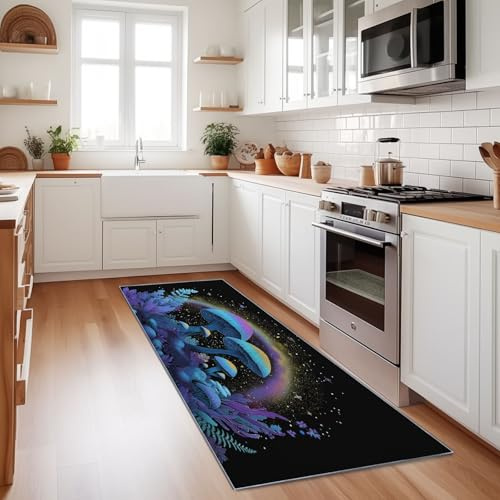 Waschbarer Flur Teppich 60 x 180 cm Kurzflor Läufer, Fantasie-Glitzer-Pflanzenpilz rutschfest Weich Teppiche für Bettvorleger Matte Schlafzimmer Kinderzimmer Deko, Lila