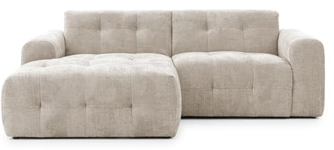 Modernes Ecksofa mit Ottomane links und raffinierten Steppungen, B234/T161/H79 cm, mit Wellenunterfederung, angenehm weicher, strapazierfähiger Chenille-Bezug in Sand Grau / 21038