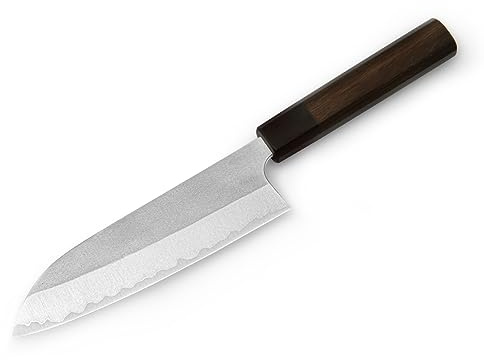 Profi SANTOKU Koch-Messer Yoshimi Kato Nashiji. Klingen-Länge 17cm. Aogami super, 3 Lagen, hand-geschmiedet. 8-eckiger Echt-Holz-Griff aus hochwertigem Rosenholz-Palisander