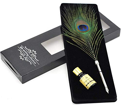 Feder Quill Pen Geschenkset Pfau Quill Dip Pen Kalligraphie Schreibset mit Tinte in Box für Studenten Offizier, Schreiben reibungslos, Executive Geschenk