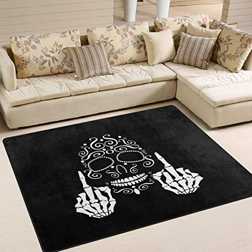 Use7 Mittelfinger-Teppich mit Totenkopf-Motiv, für Wohnzimmer, Schlafzimmer, 160 x 122 cm, Schwarz