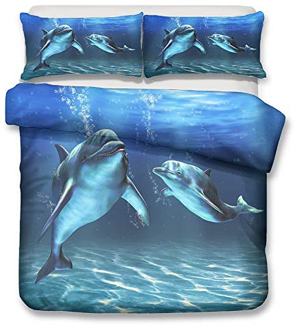 Morbuy Bettbezug Bettwäsche Set, 3D Drucken Bettwäsche-Set Meereslebewesen Junge Mädchen Deluxe Mikrofaser Weiche mit Reißverschluss Bettbezug und Kissenbezüge (135x200cm -2pcs,Delfin)
