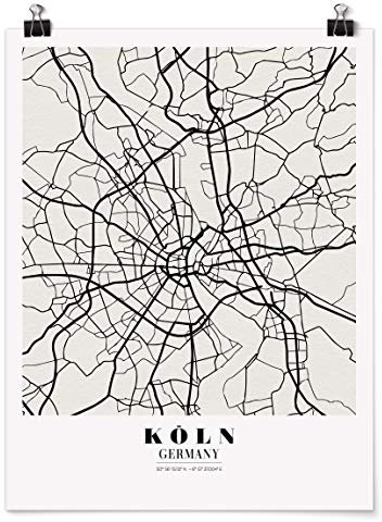 Bilderwelten Poster Wanddeko Kunstdruck mit Klammern Stadtplan Köln - Klassik Matt 100 x 75cm
