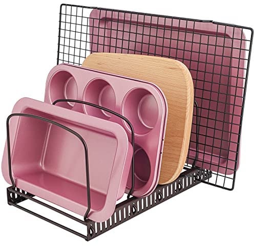 Toplife Deckelorganizer für Teller, Deckelhalter mit 10 verstellbaren Teiler, Abtropfgestell, Küchentopfdeckelhalter, Braun