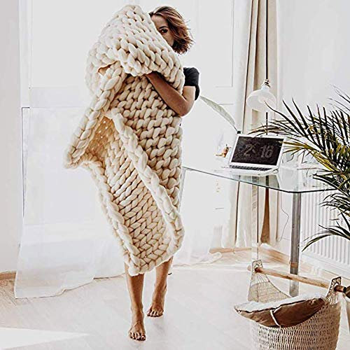 Blanket Strickdecke, Handgefertigtes Chunky Gestrickte Wolldecke, Grob Gestrickte Kuscheldecke, Überwurf Mode Sofa Decken Yoga Matte Teppich Große Weiche,Beige,100 * 200cm