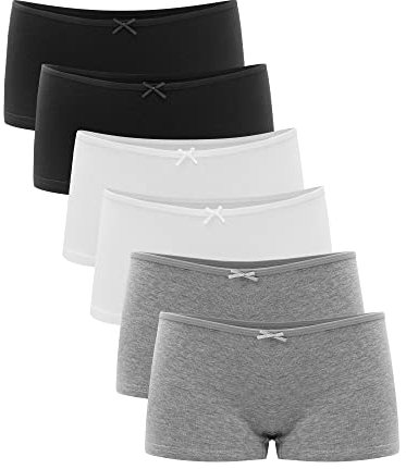 Libella® Boxer Femme Taille Basse - Culottes Shorty Coton Stretch, Slip (Lot de 6), Noir Blanc Gris S