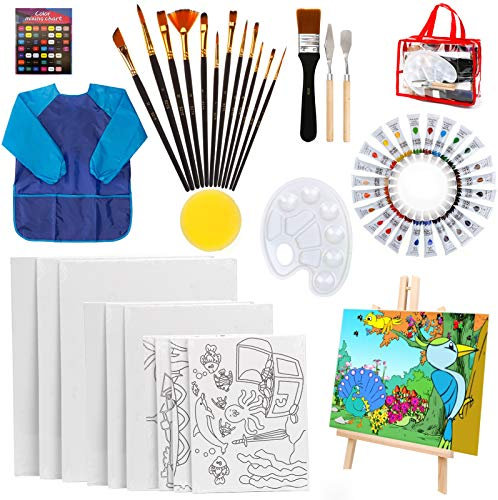 HOTOOLME Acrylic Paint Juego de pinturas acrílicas para niños – Juego de pinturas acrílicas con 24 pinturas caballete de madera, lienzos, pincel, paleta y bolsa de almacenamiento