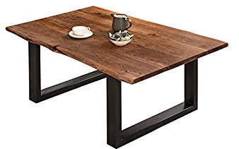 SAM Couchtisch 140 x 75 cm Billy, echte Baumkante, Akazienholz nussbaumfarben, massiver Sofatisch, U-Metallgestell Mattschwarz