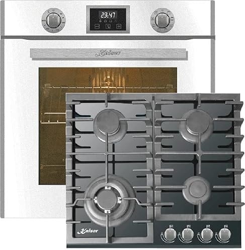 Kaiser Küchengeräte Backofen-Set EH 6326 W + KCT 6383 Turbo, Elektro Einbau Backofen, Autark, 79L, 10 Funktionen + Einbau Gas- Kochfeld, Schwarz Glas, 3,8kW WOK, Erdgas Fl.Gas