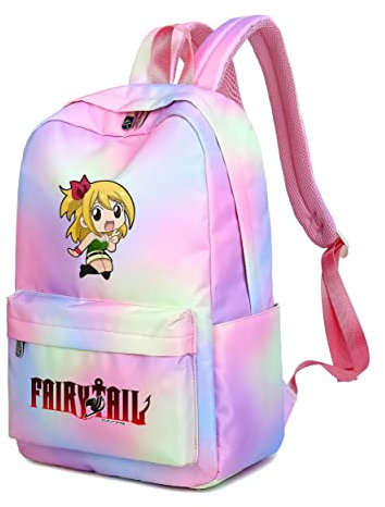 Roffatide Anime Fairy Tail Rucksack für Mädchen Teen Schulbüchertasche 15,6'' Laptop-Rucksäcke Rucksack Regenbogenrosa E
