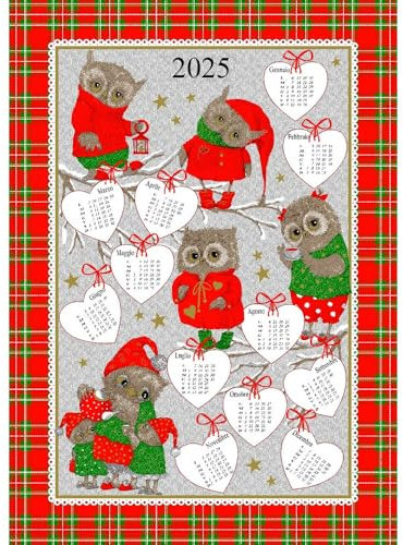 Geschirrtuch Kalender 2023 cm.50 x 70 cm, hergestellt in Italien, 100 % Baumwolle (Eulen)