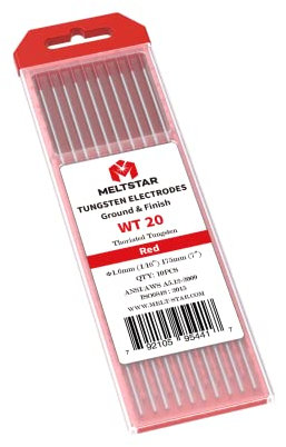 MELTSTAR Électrode de Tungstène TIG 2% de Thorium WT20 Rouge (1,6mm x 175mm) - Lot de 10 Pièces - Pour Soudage TIG