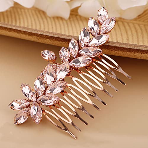 Chargances Bride Wedding Rhinestone Hair Comb Pink Crystal Hair Side Comb Fashion Handmade Headpiece Bridal Hair Accessories for Wedding Prom Flower Girl (Pink)