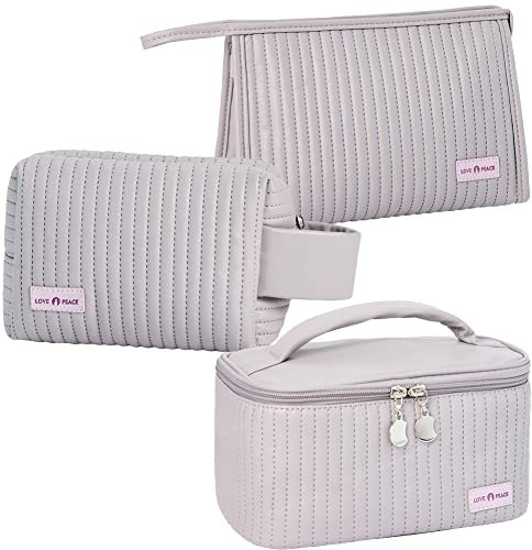 Linpr 3 Pezzi Beauty Case da Viaggio Donna, Grande Trousse Organizer Trucchi Ragazza, Porta Trucchi in Pelle a Righe PU, Carine Pochette Trucchi per Trucco per Donne e Ragazze (Viola)